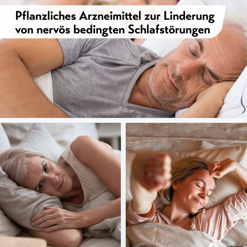 Drei Fotos zeigen verschiedene Personen beim Einschlafen, Durchschlafen und entspannten Aufwachen – hervorgehoben als pflanzliches Arzneimittel gegen nervös bedingte Schlafstörungen.