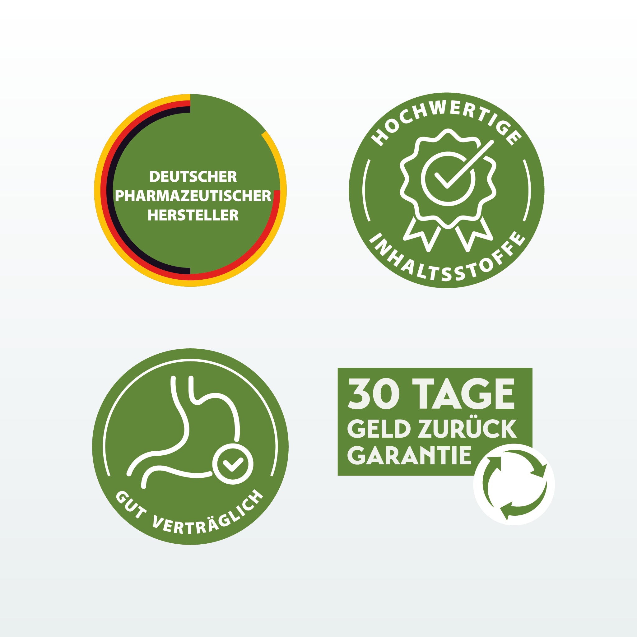 Vier grüne Siegel: „Deutscher pharmazeutischer Hersteller“, „Hochwertige Inhaltsstoffe“, „Gut verträglich“ mit Magensymbol und „30 Tage Geld-zurück-Garantie“ mit Recyclingpfeil.