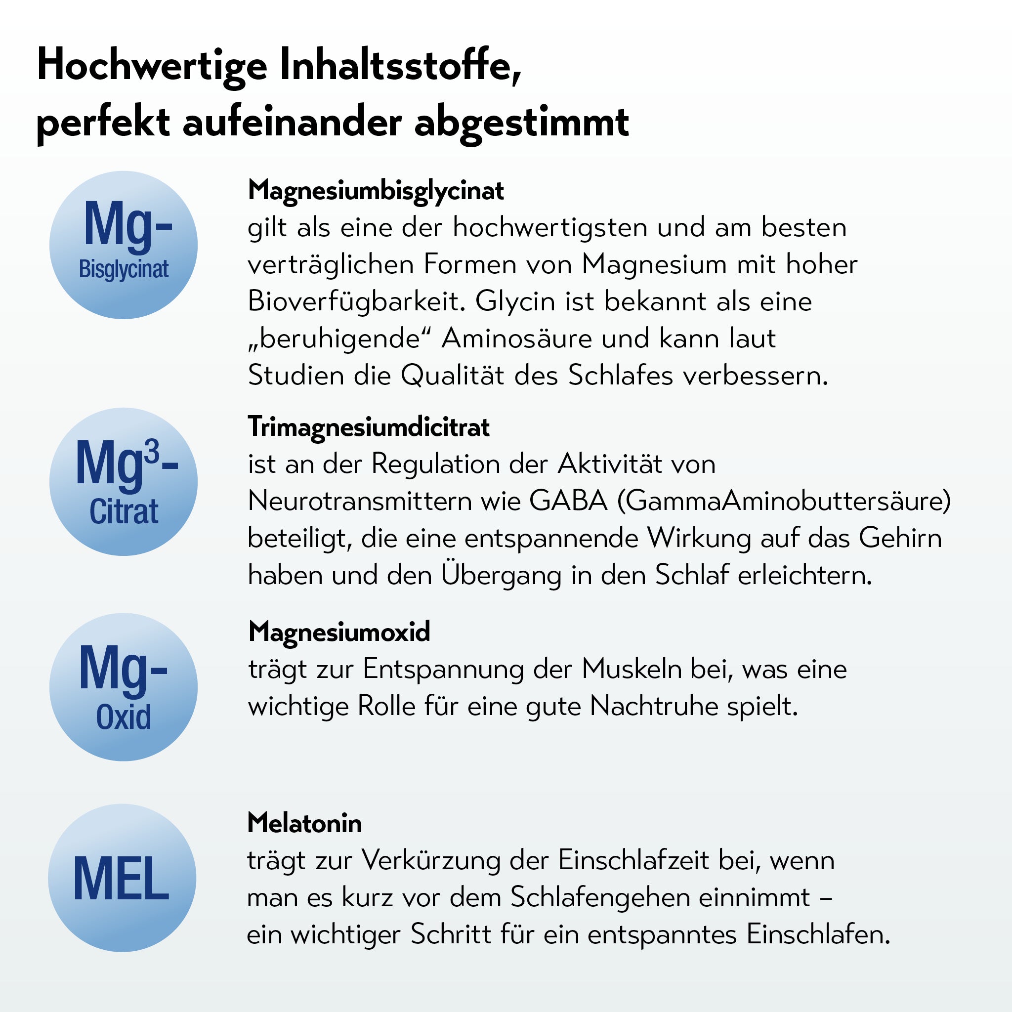 Darstellung hochwertiger Inhaltsstoffe: Magnesiumbisglycinat, Trimagnesiumcitrat, Magnesiumoxid und Melatonin mit kurzer Erklärung ihrer Funktion für besseren Schlaf.