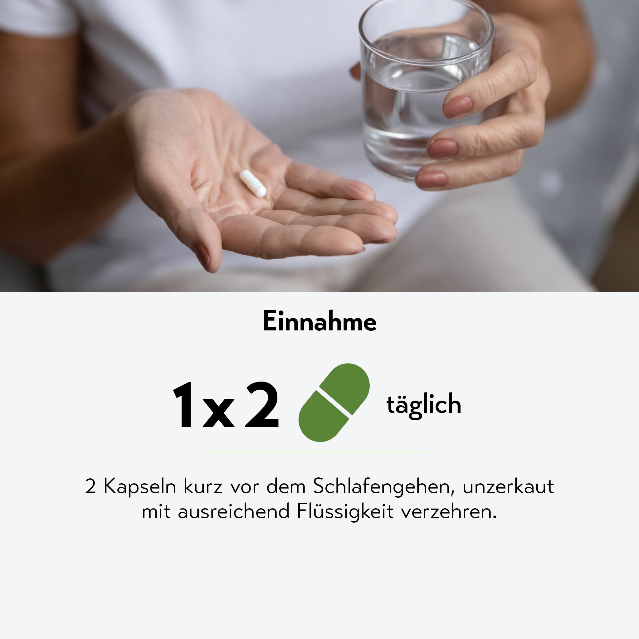 Darstellung hochwertiger Inhaltsstoffe: Magnesiumbisglycinat, Trimagnesiumcitrat, Magnesiumoxid und Melatonin mit kurzer Erklärung ihrer Funktion für besseren Schlaf.