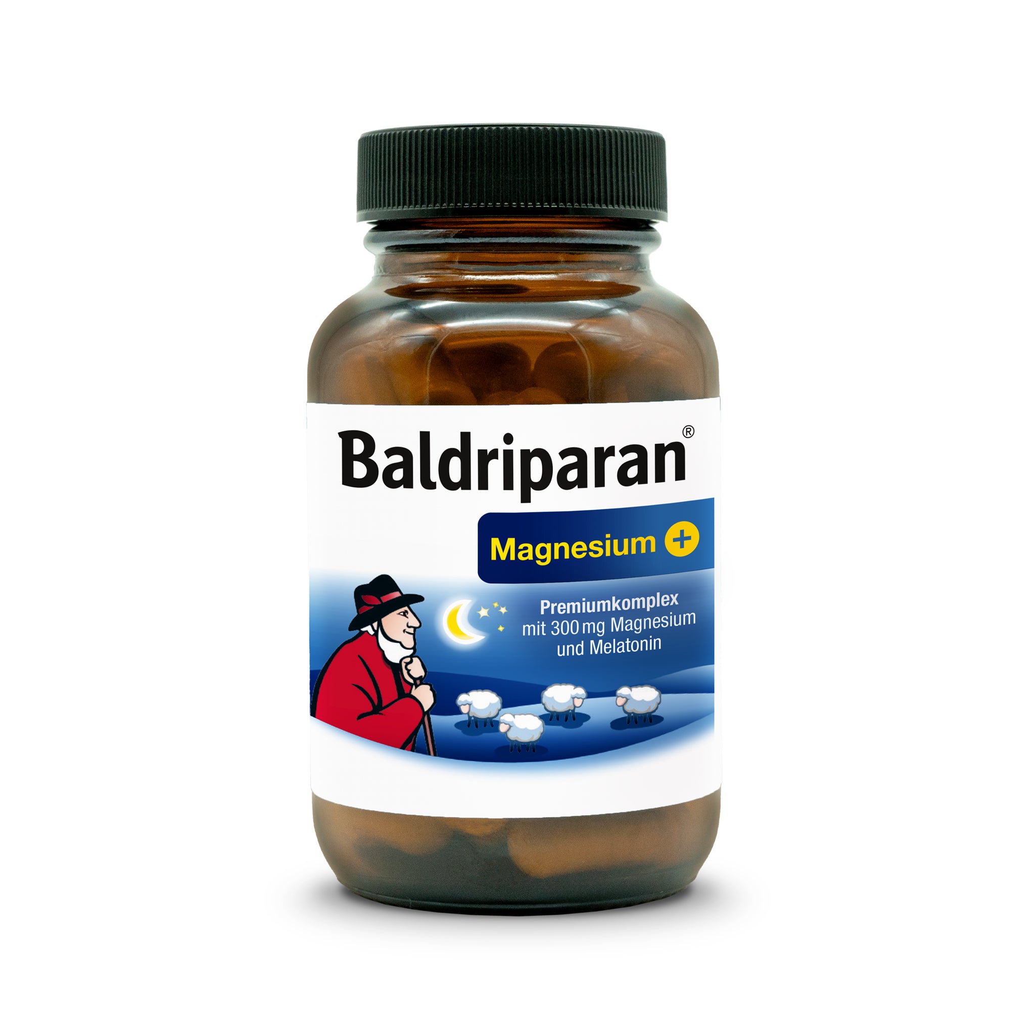 Einzelne Flasche Baldriparan® Magnesium+ mit Etikett: Premiumkomplex mit 300 mg Magnesium und Melatonin, illustriert mit einem Hirten und fünf Schafen vor Nachthimmel.