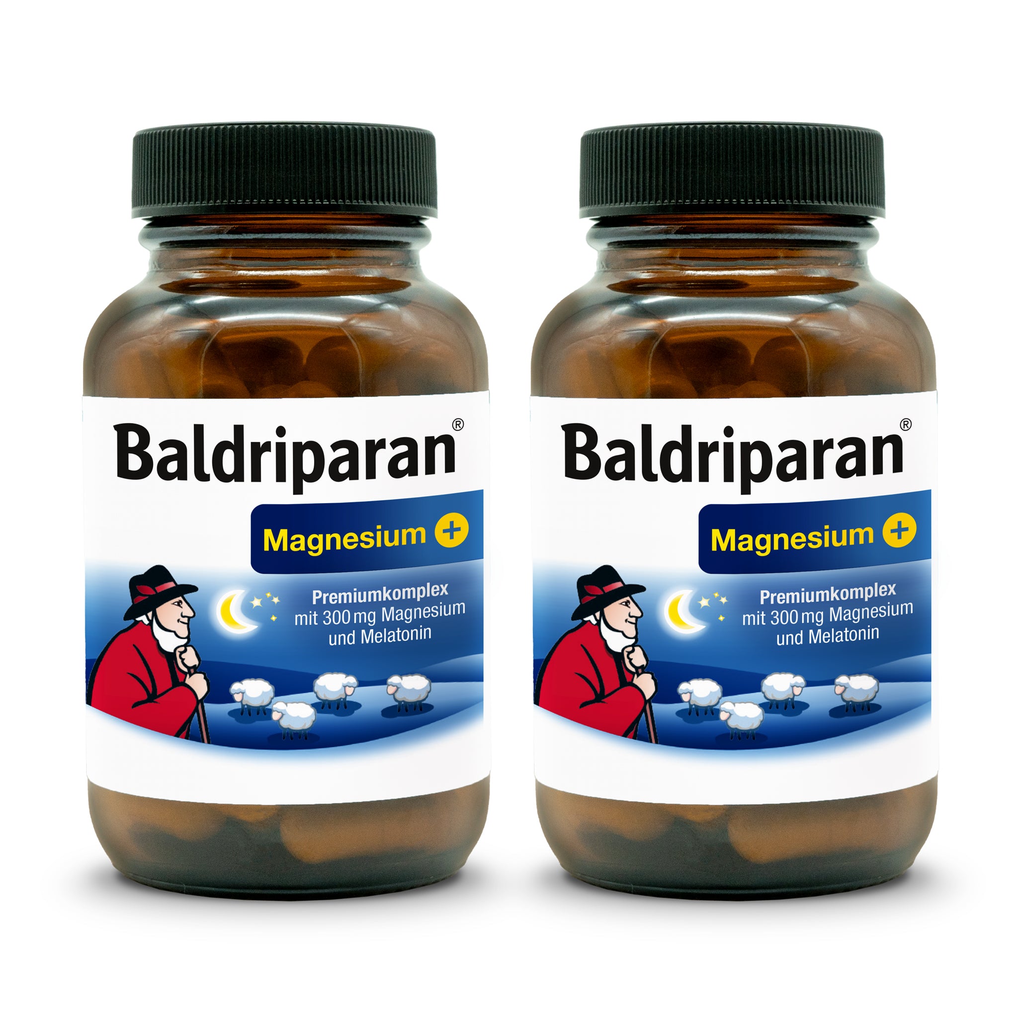 Zwei Flaschen Baldriparan® Magnesium+ nebeneinander, jeweils mit Aufdruck: Premiumkomplex mit 300 mg Magnesium und Melatonin, Hirtenmotiv mit Schäfchen und Mondsichel.