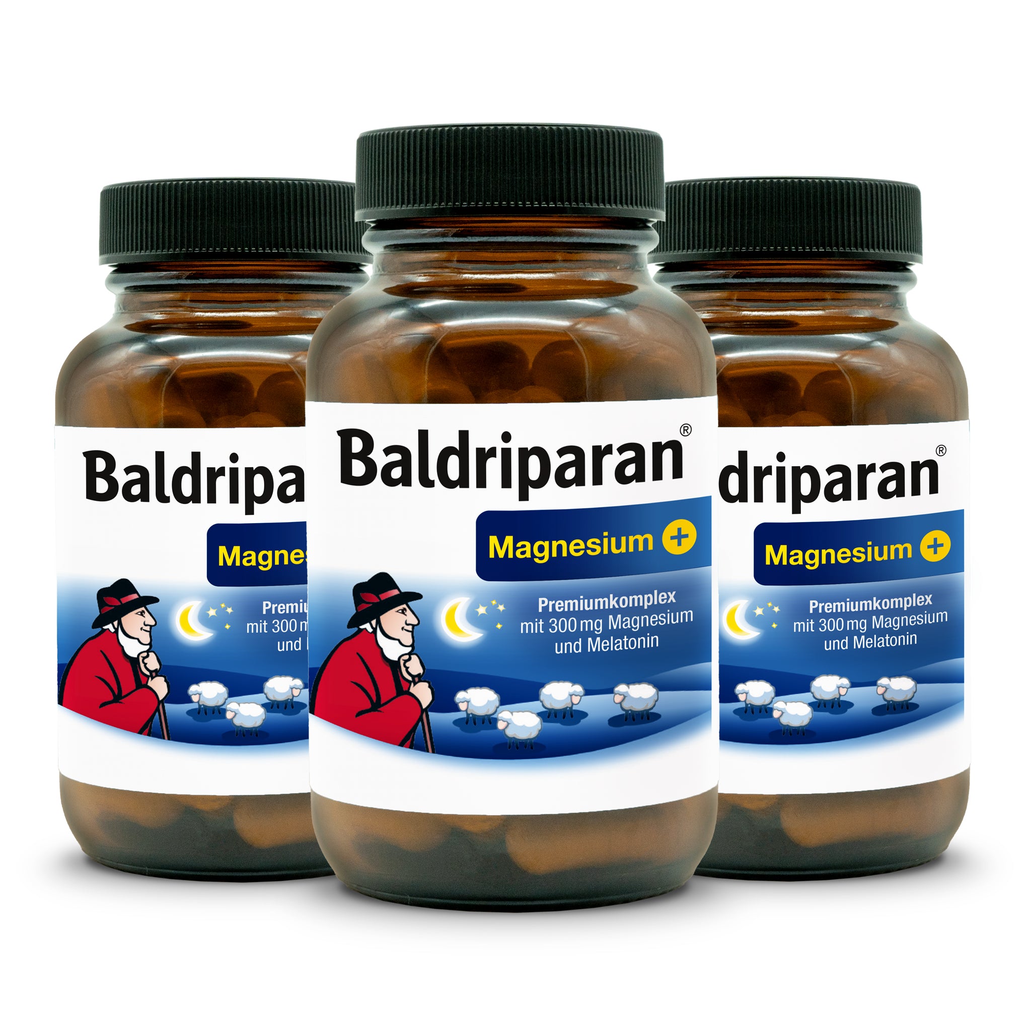 Drei Flaschen Baldriparan® Magnesium+ im Vorder- und Hintergrund. Etikett zeigt Hirte mit Schafen, Mond und Sternen. Text: Premiumkomplex mit 300 mg Magnesium und Melatonin.