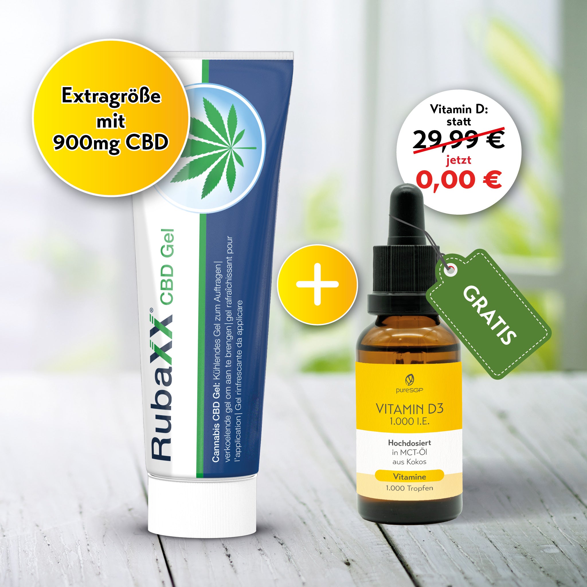 Großes CBD Gel mit 900 mg und Vitamin D3 Öl (gratis). Rote Preisplakette mit „statt 29,99 € jetzt 0,00 €“. Der Fokus liegt auf Gratis-Angebot und Extragröße zur Bewerbung der Produkte.