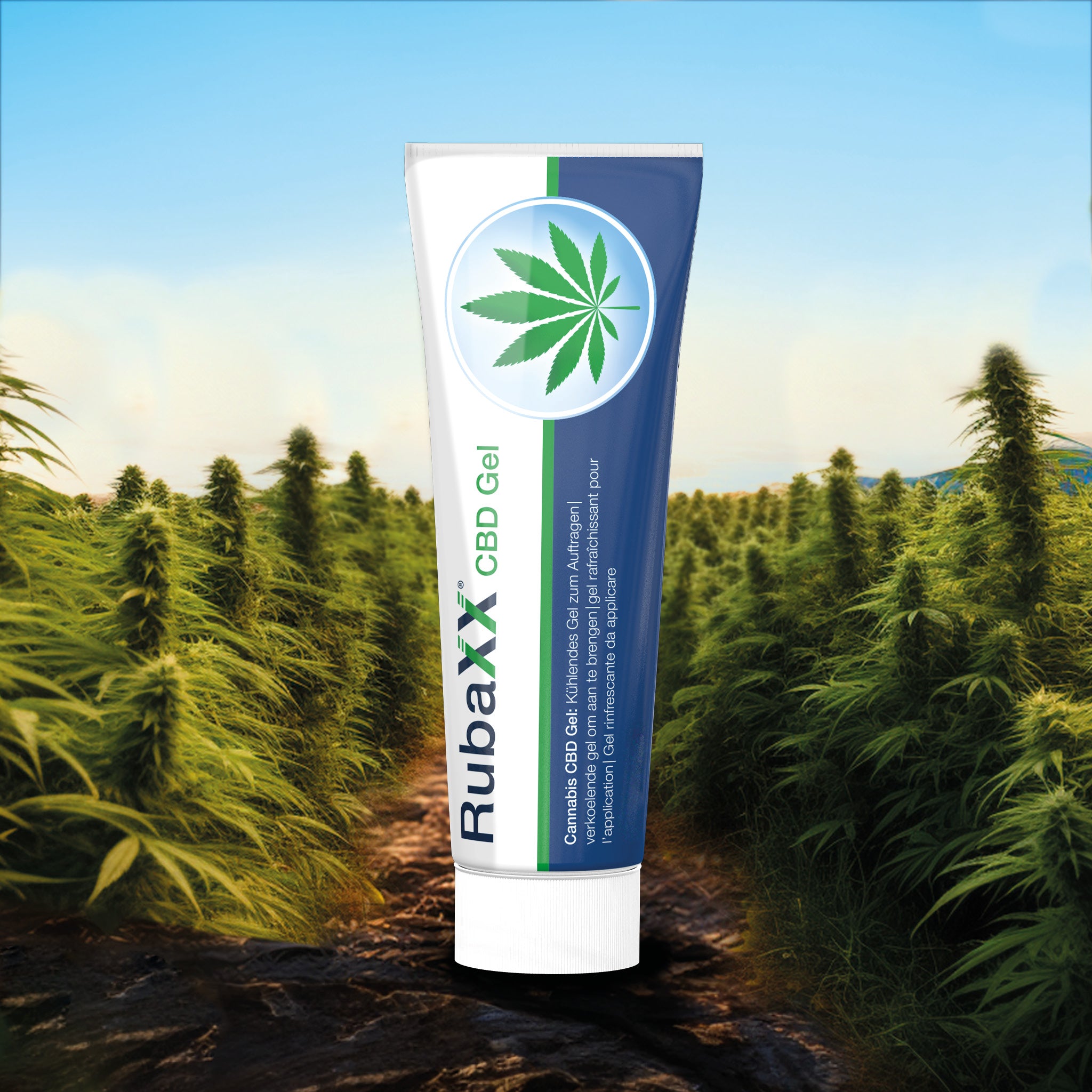 Zu sehen ist das Rubaxx CBD Gel in einem natürlchen Hintergrund 